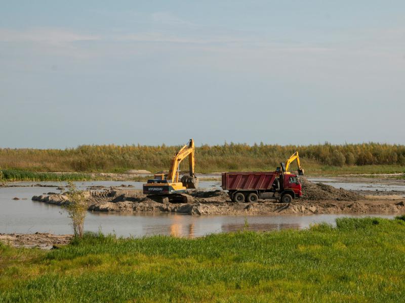 Digger and truck in wetland